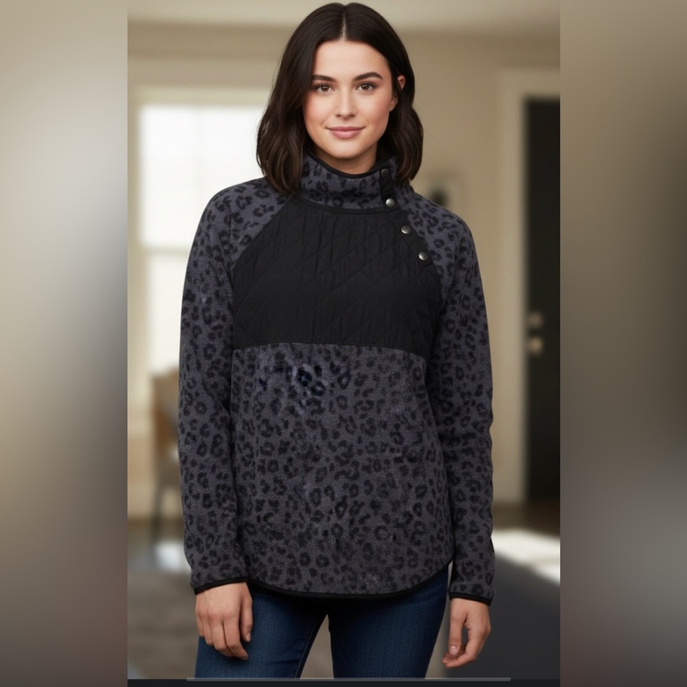 J. Crew Charcoal Black Animal Print Sherpa Pullover Jacket Size Large